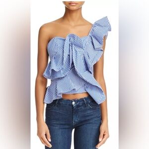Alpha & Omega Blue White One-Shoulder Gingham Ruffle Top XS